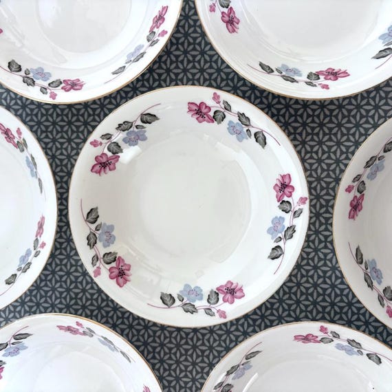 Asiatische Blumen Dessert Schalen | Tangshan Porzellan Windeln | Pink & Lila Blumengeschirr