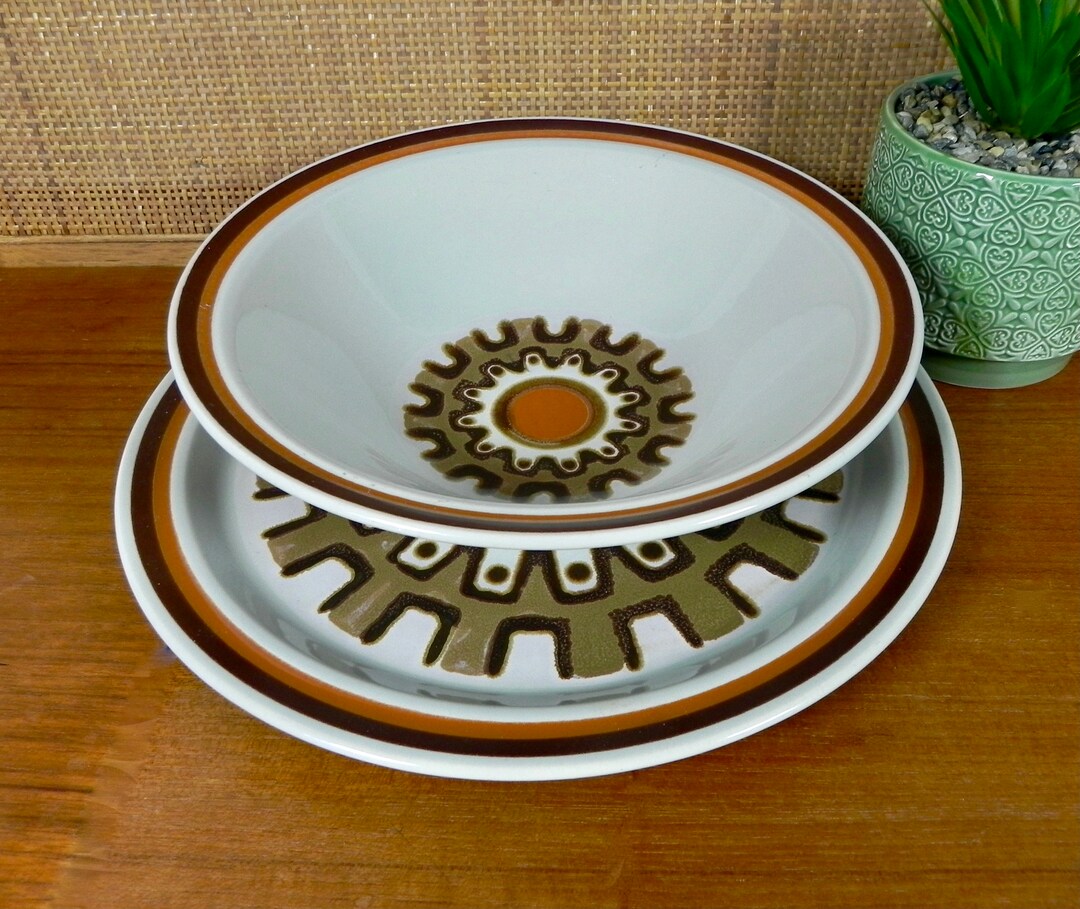 Haniwa Stone Aztec Japan Serving Plate & Bowl | Mid-century