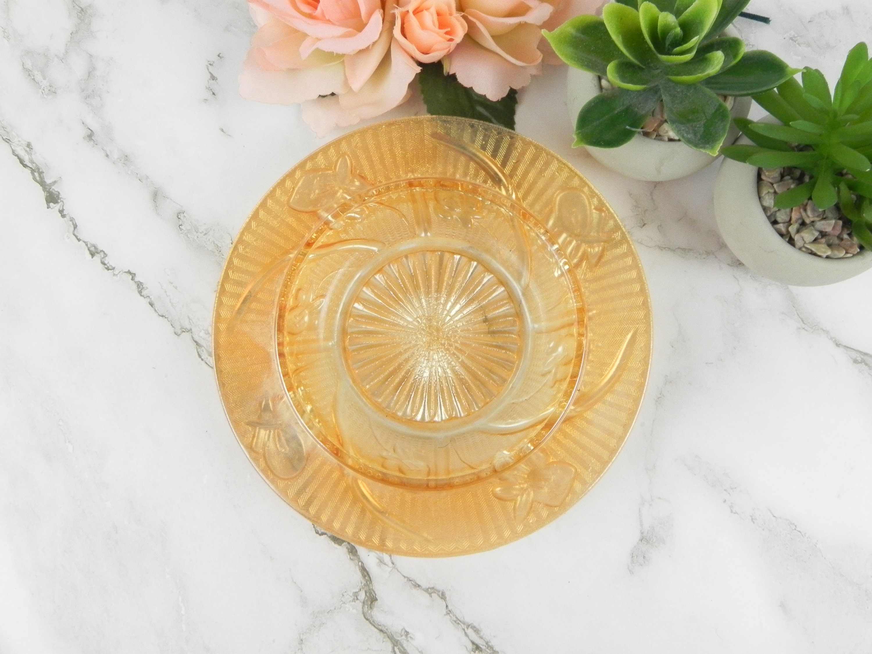 Peach Carnival Glass Candy Dish Pressed Glass Trinket Bowl Etsy