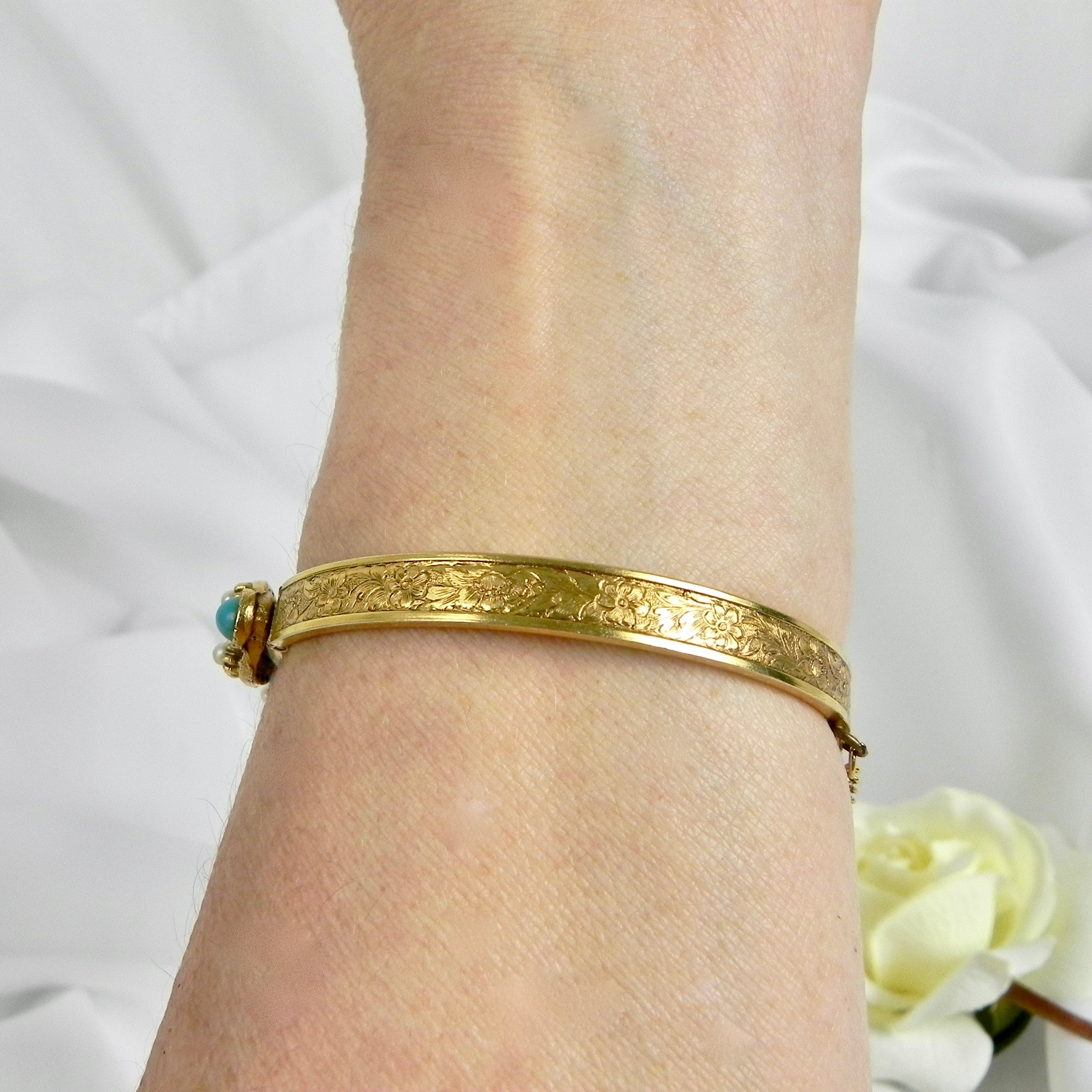 Florenza Turquoise Pearl Crystal Bracelet Signed | Gold Tone
