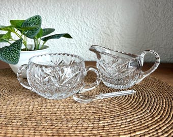 Cut Crystal Sugar Bowl with Spoon & Creamer Set | Diamond Crosshatch Pattern