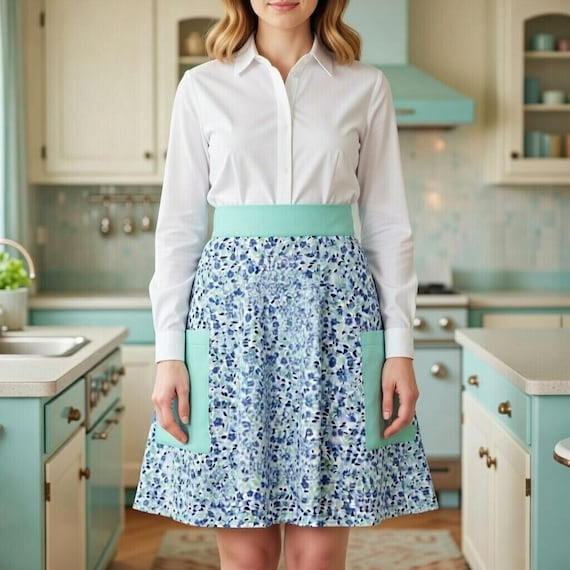 Vintage Flower Apron | Blue Turquoise Cotton Apron | 60s Linens and Housewares
