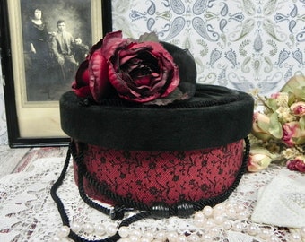 Antique Style Small Hat Box | Decorative Velvet Victorian Box Purse | Memento Vanity Box