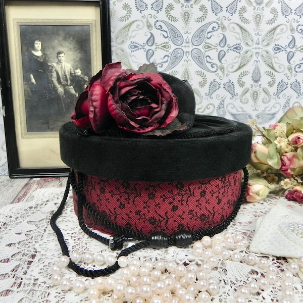 Antique Style Small Hat Box | Decorative Velvet Victorian Box Purse | Memento Vanity Box