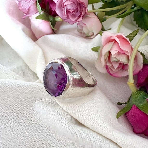 Sterling Silver Amethyst Statement Ring | Large Faceted Purple Gemstone Unisex Mens Jewellery