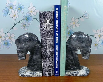 Serre-livres cheval en marbre noir | décoration de bureau de bibliothèque vintage | Serre-livres Mid-Century à tête de cheval