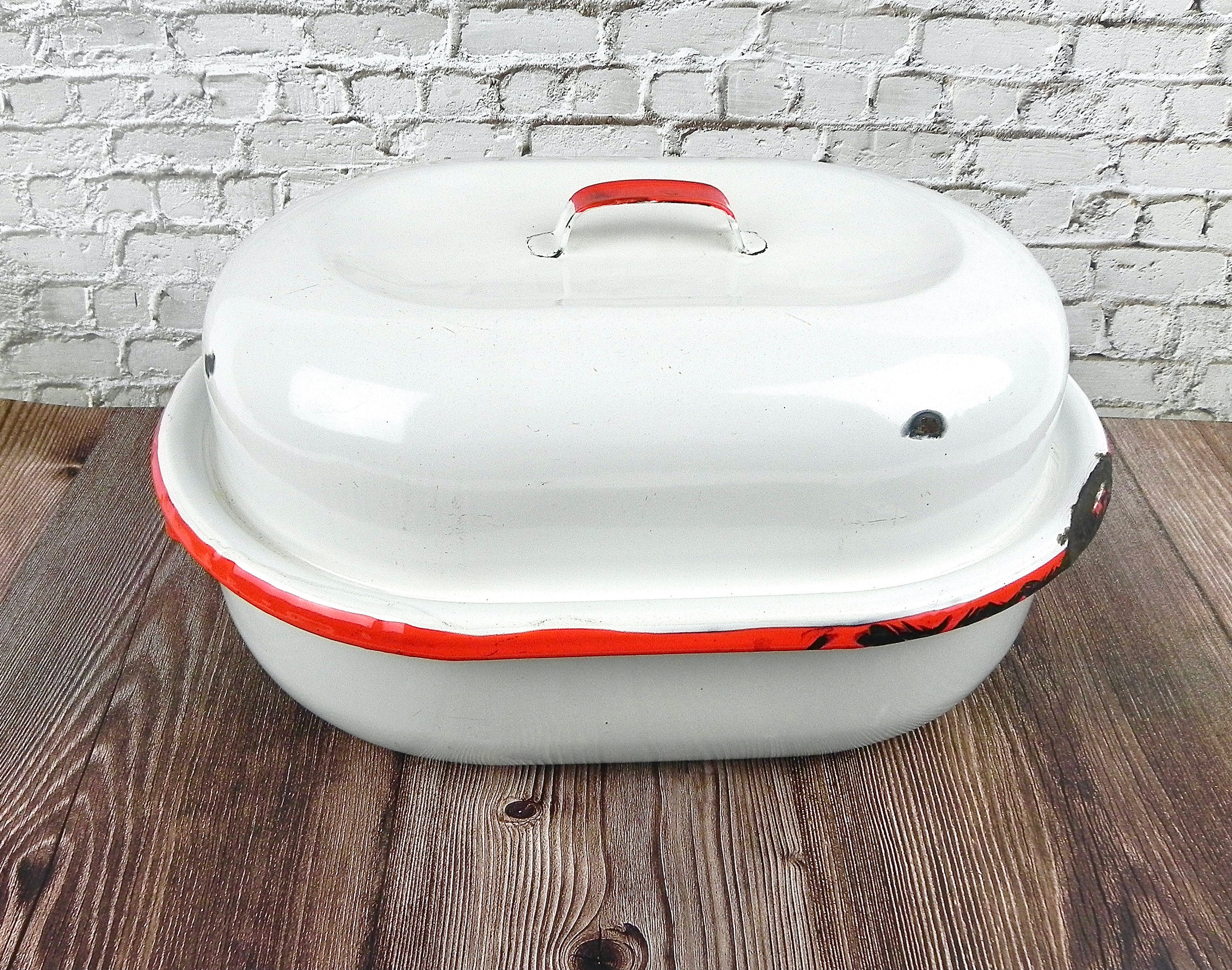 Red & White Enamelware Roaster Antique Turkey Pot Roast Etsy