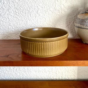 May include: A brown ceramic bowl with vertical ridges around the rim. The bowl is sitting on a wooden shelf.