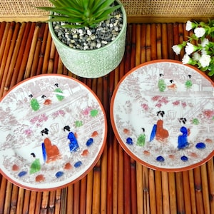 Geisha Japanese Side Plate | Hand-Painted Kutani Style Salad Plate | Antique Clobber Painted Japan Tea Set