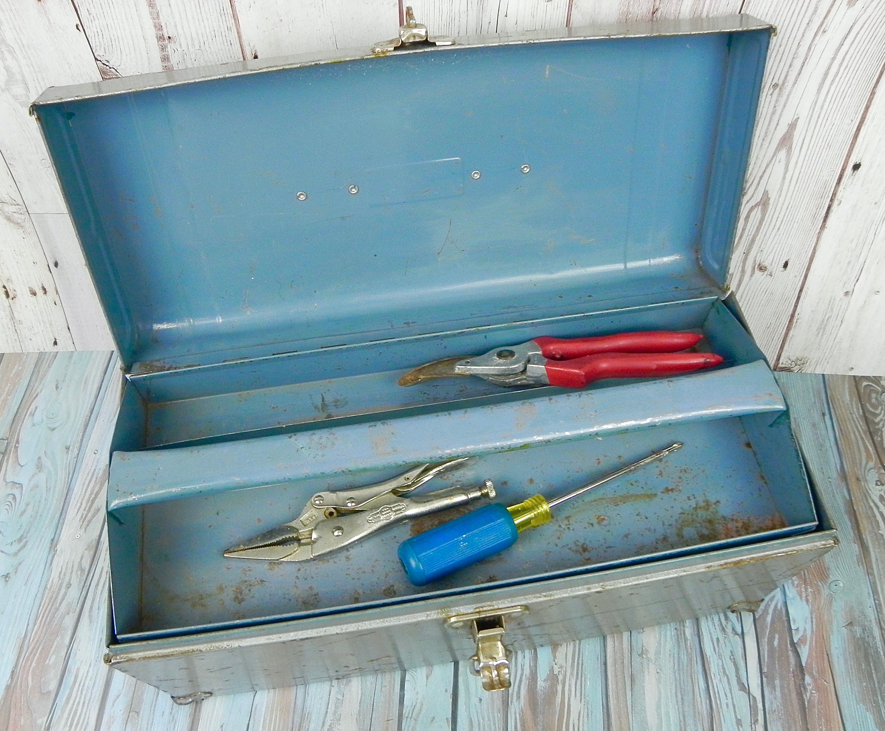 Antique Metal Tool Box Large Grey Metal Toolbox Vintage Etsy