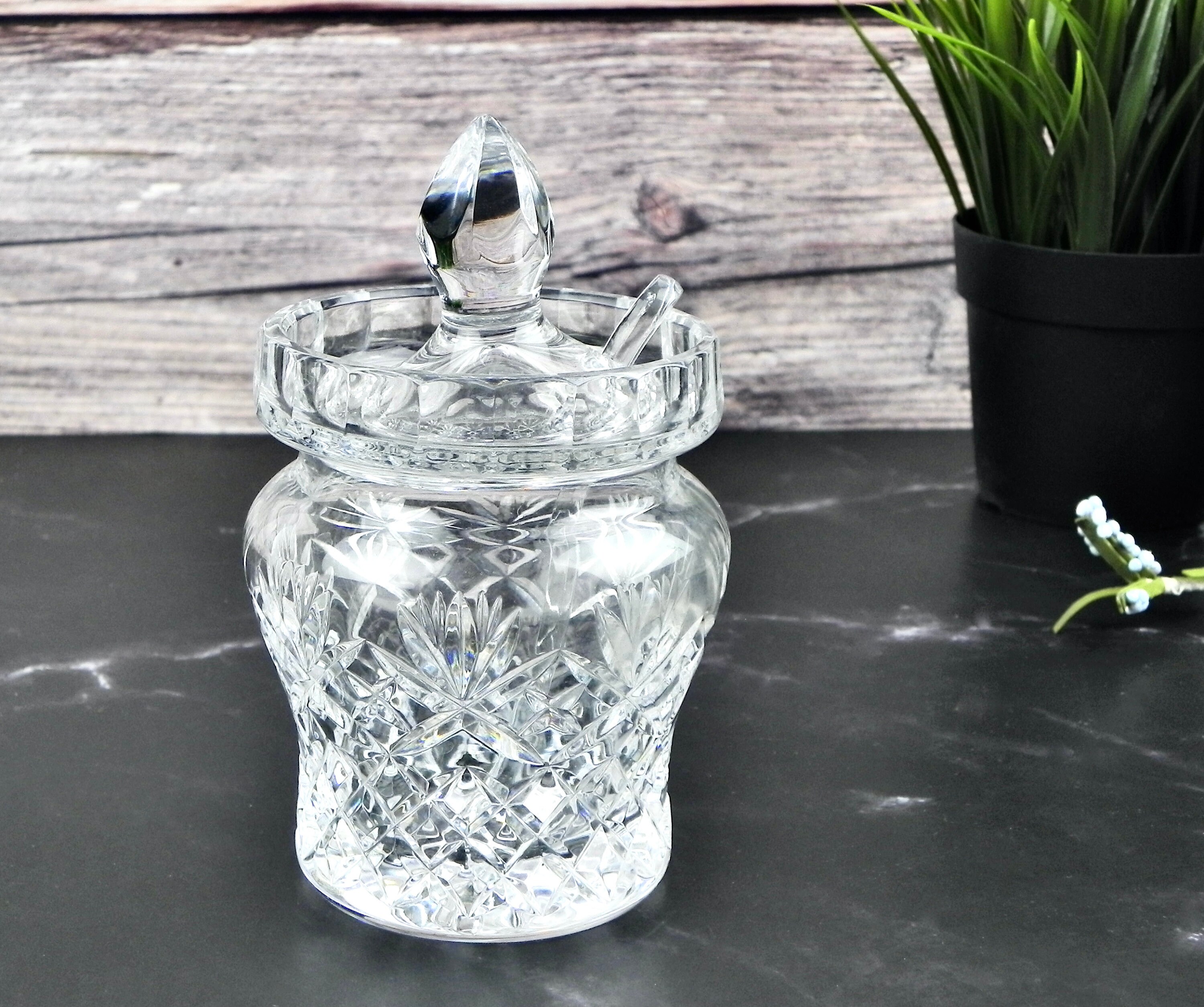 Crystal Mustard Pot With Lid and Spoon Hobstar Bottom With Etsy