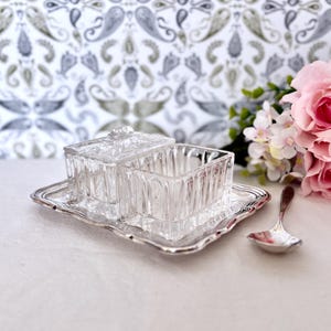 May include: A clear glass butter dish with a lid, sitting on a silver tray. The dish has a decorative, ribbed design. A silver spoon is next to the tray.