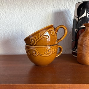 Mid-Century Earth Tone Coffee Cups | Set of 2 Embossed Sienna Brown Yellow Mugs | Vintage Kitchenware