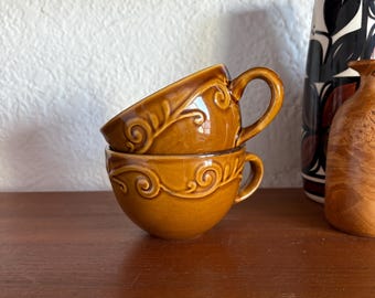 Mid-Century Earth Tone Coffee Cups | Set of 2 Embossed Sienna Brown Yellow Mugs | Vintage Kitchenware