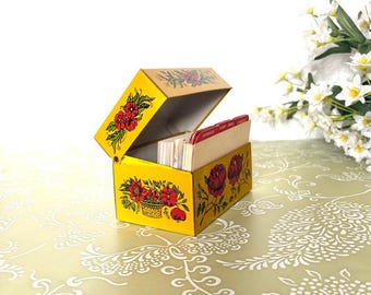 Vintage Syndicate Mfg Floral Recipe Box | Yellow Metal Tin | Mid-Century Kitchen Storage