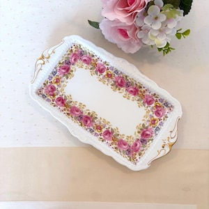 Royal Albert Serena Sandwich Tray | Vintage Fine Bone China with Pink Rose Garland & Gold Detail | Made in England | PRISTINE
