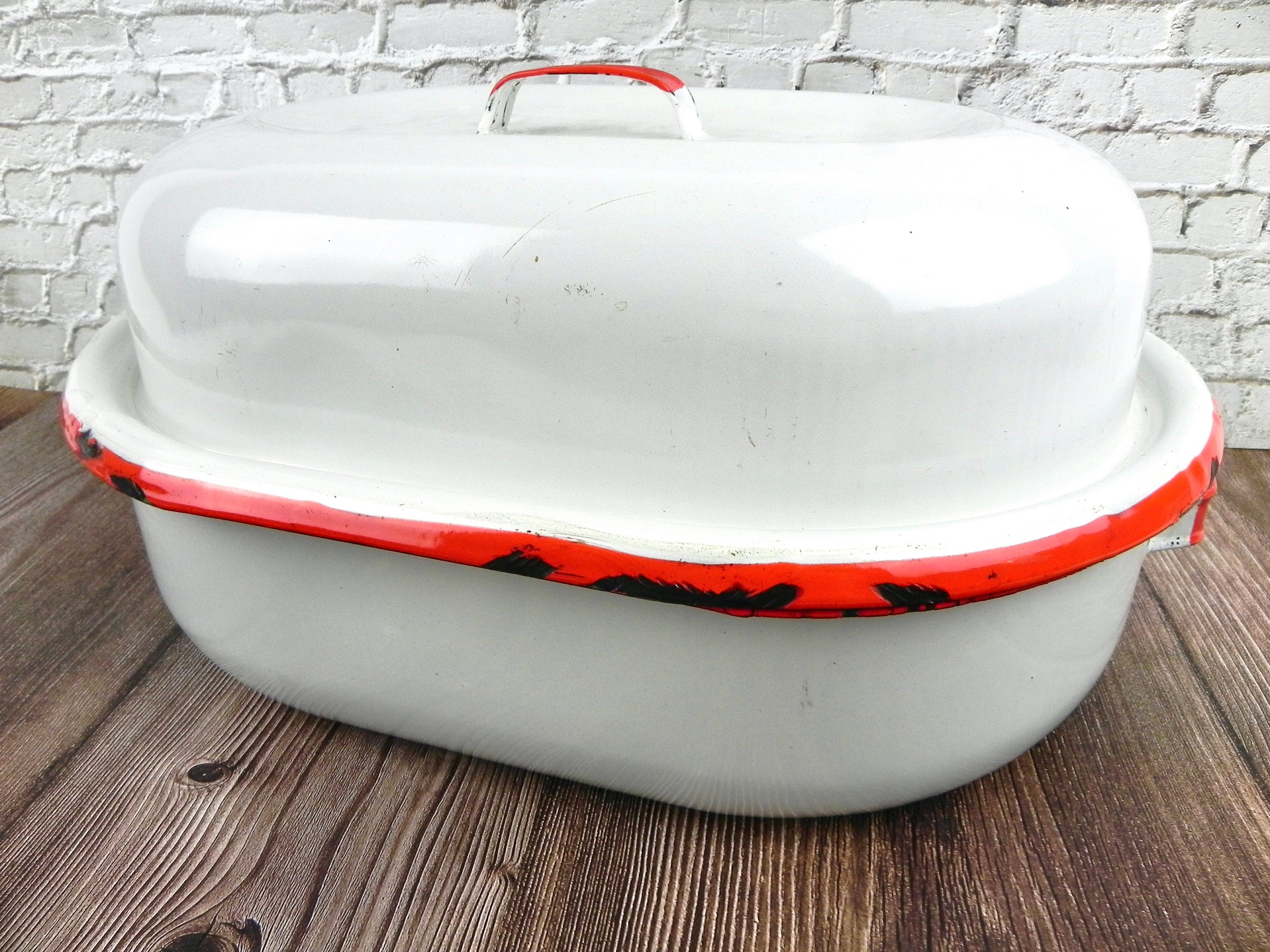 Red & White Enamelware Roaster Antique Turkey Pot Roast Etsy