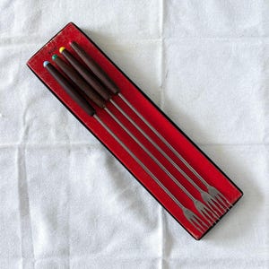 50s Fondue Forks - Set of 4 Japanese | Multi-Colour Wood & Stainless Steel Utensils | Mid-Century Hostess Kitchenware