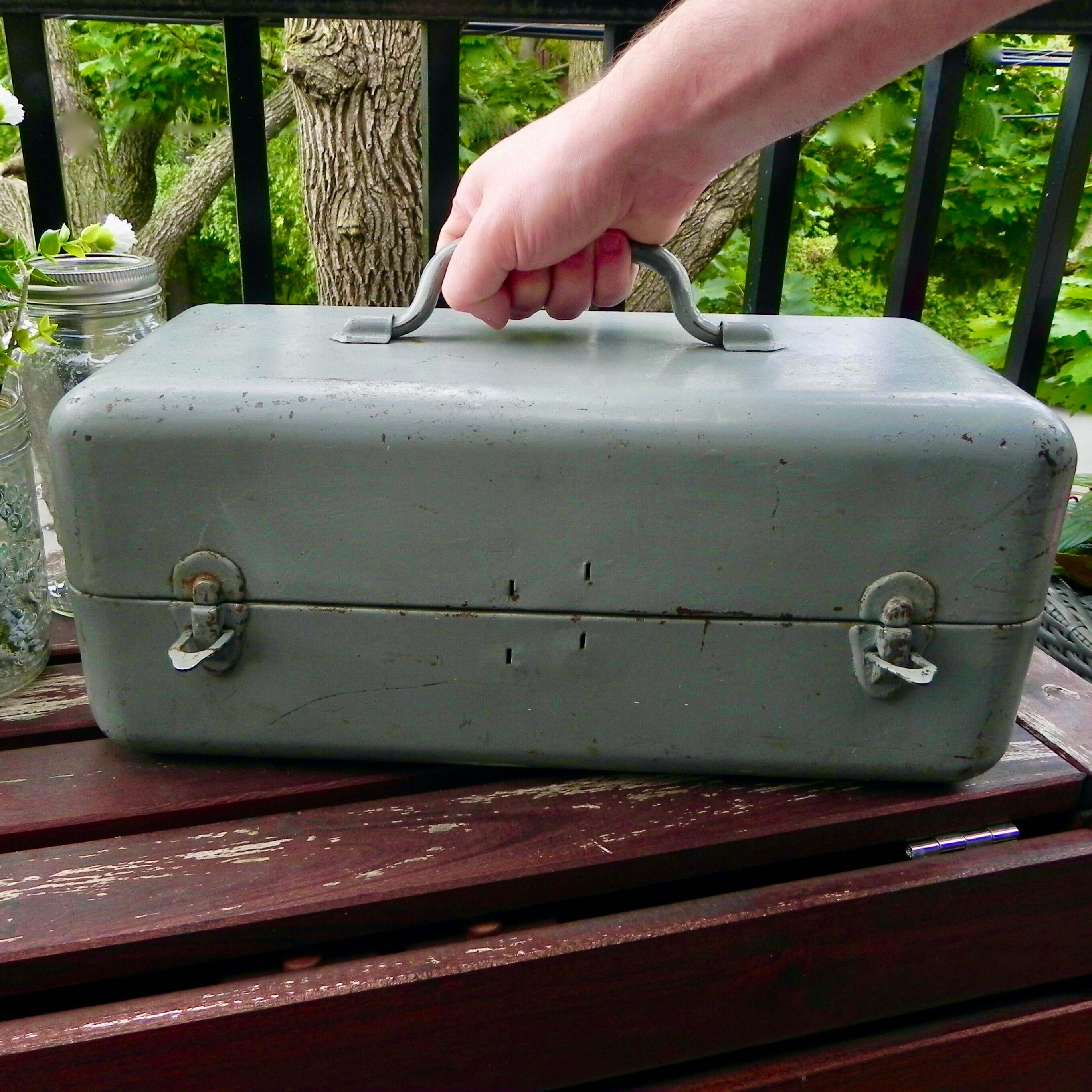 Rustic Metal Tackle Box Vintage Grey Storage Box DIY Craft Sewing