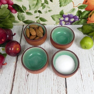 Vintage Royal Barum Ware C. H. Brannam Salt Cellars | England Pottery Terracotta with Green Blue Glazed