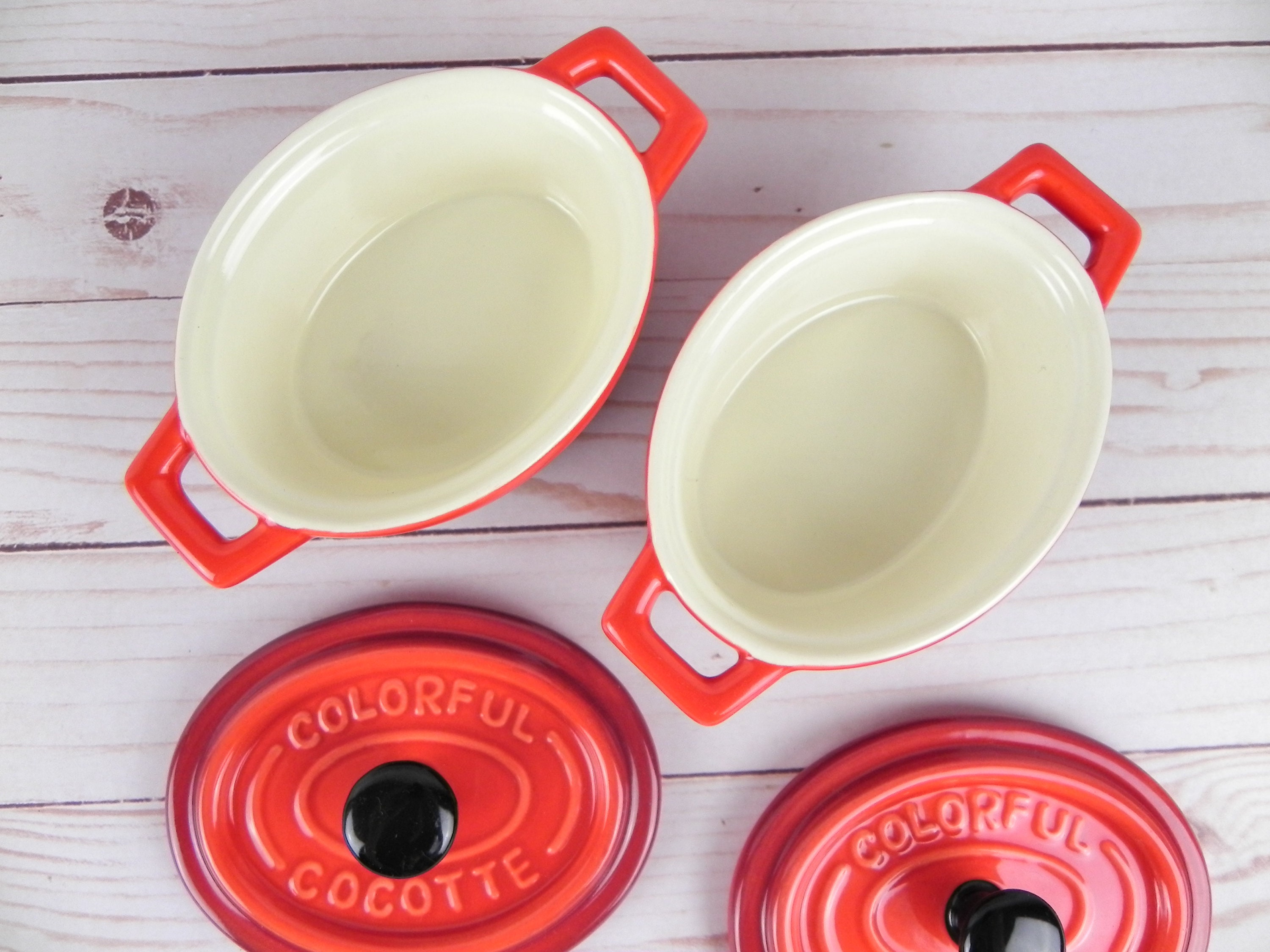 Set of 2 Red Colorful Cocotte Casseroles | Vintage Mini Casseroles