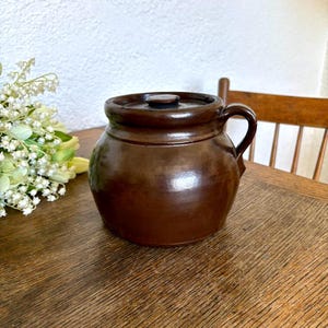 May include: A brown ceramic jar with a lid and handle. The jar has a rounded body and a dark brown glaze. It sits on a wooden surface. The jar is likely used for storage or decoration.