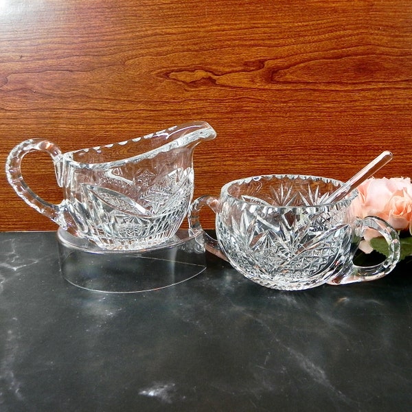 Cut Crystal Sugar & Creamer with Spoon | Diamond Crosshatch Pattern  | Vintage Wedding Gift