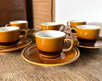 Vintage Tognana Espresso Cups and Saucers Set of 6 | Midcentury Italian Caramel Brown Porcelain Demitasse