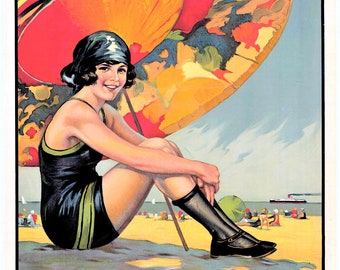 Póster de viaje vintage de la década de 1920 de la línea de la costa sur de Dunes Beach