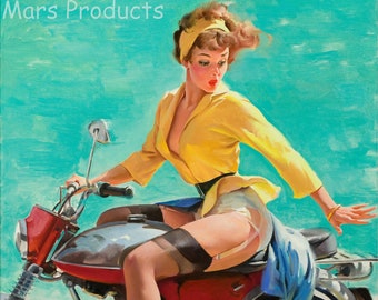 Póster de motocicleta pin-up de Elvgren de estilo vintage que rodea el problema