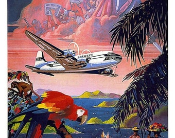 Póster de viaje tropical estilo vintage de los años 40 "Vuela al Caribe", 16 x 24