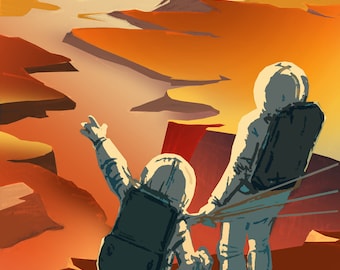 Póster de viaje retro de la NASA "Se buscan topógrafos" sobre la exploración del espacio exterior MARS
