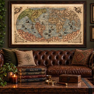 May include: A tufted brown leather sofa with decorative pillows, positioned beneath a large framed antique-style world map. A wooden coffee table in front holds a stack of books titled Moby-Dick, Treasure Island, The Odyssey, and Gulliver's Travels.