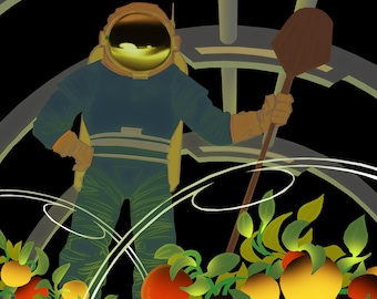 Se buscan agricultores, póster retro de viajes al espacio exterior de la NASA sobre exploración espacial.