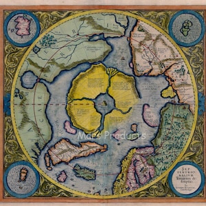 May include: A vintage map of the Arctic region, with a circular design and a central island labeled "Regnum Arctici". The map is surrounded by a decorative border and includes text in Latin and other languages.
