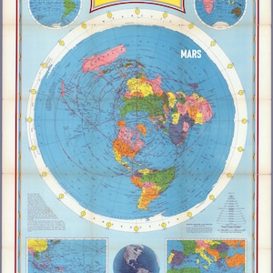 May include: Vintage "Hammond's Air Age Map of the World" poster. The map features a polar projection with a central view of the world, surrounded by smaller maps and a globe illustration. The color palette includes blues, greens, yellows, and pinks.