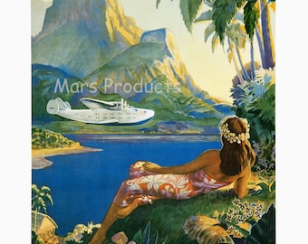 Póster de viaje vintage de los años 40 con vistas a las islas del Mar del Sur.
