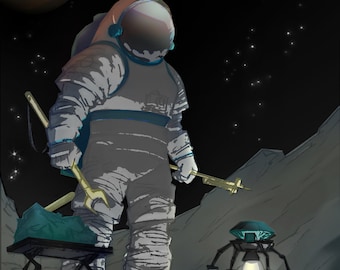 Póster de exploración espacial de la NASA de estilo retro: "Trabaja en el turno de noche en Marte".