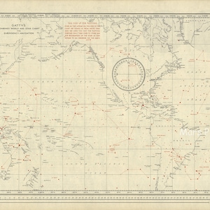 May include: A vintage map of the Pacific Ocean with red dots marking locations of ships and a compass rose in the upper right corner. The map includes a title "GATTI'S" and text "SHORTEST ROUTES AND STAR CHART EMERGENCY NAVIGATION".