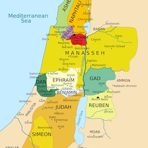 May include: A colorful map depicting the twelve tribes of Israel around 1200-1050 B.C., according to the Book of Joshua. The map shows the geographical distribution of the tribes, with labels and place names.