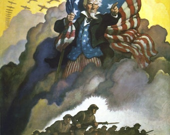 Póster vintage de la Segunda Guerra Mundial de 1942 del Tío Sam "Compra bonos de guerra"