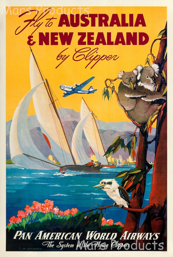 Fly to Australia & New Zealand 1950s Vintage Style Air Travel