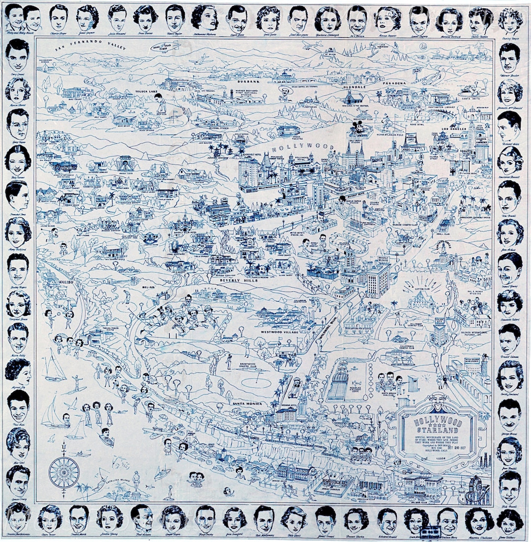 Map Of The Stars Hollywood California 1937 24x24 Etsy Il 6ljz 