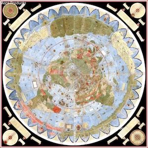 May include: A circular world map with a blue ocean and green landmasses. The map is surrounded by a decorative border with scrolls and a compass rose. The map is titled "Mars Products".