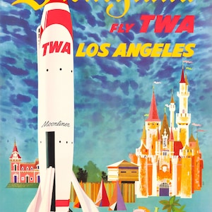 Disneyland FLY TWA Los Angeles 1955 Vintage Style Travel Poster
