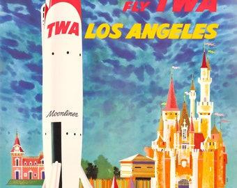 Póster de viaje vintage de Disneyland FLY TWA Los Ángeles 1955