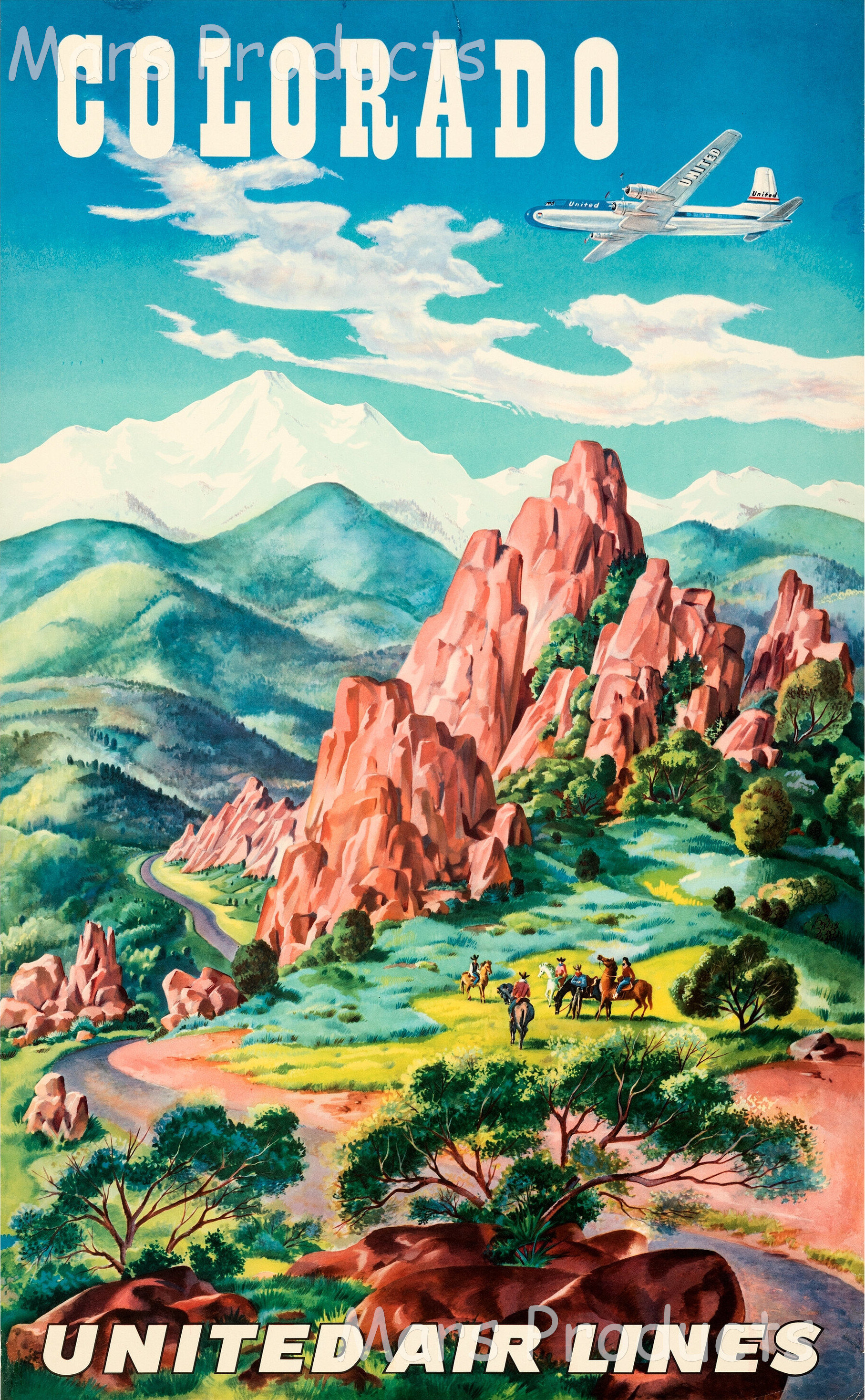 Colorado 1950s United Airlines Vintage Style Travel Poster - Etsy