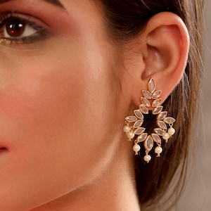 Rose cut crystal earring, Polki Pearl Earring gold. Wedding brass earring, partywear handcrafted Indian designer earring. Art deco earring
