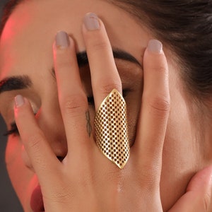 Bohemian Filigree ring gold. Broad chunky statement Thumb ring. Gold plated brass ring for women.