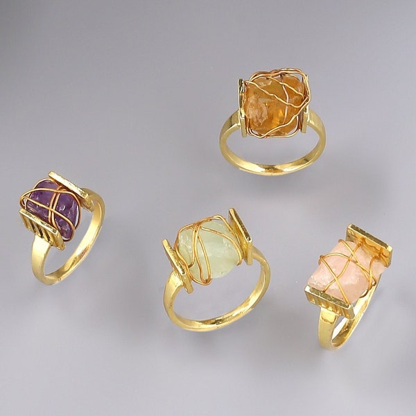 Rough stone ring gold. Natural crystal Citrine, Aquamarine, Amethyst, Rose quartz ring. Bohemian designer statement ring. Brass gold plated